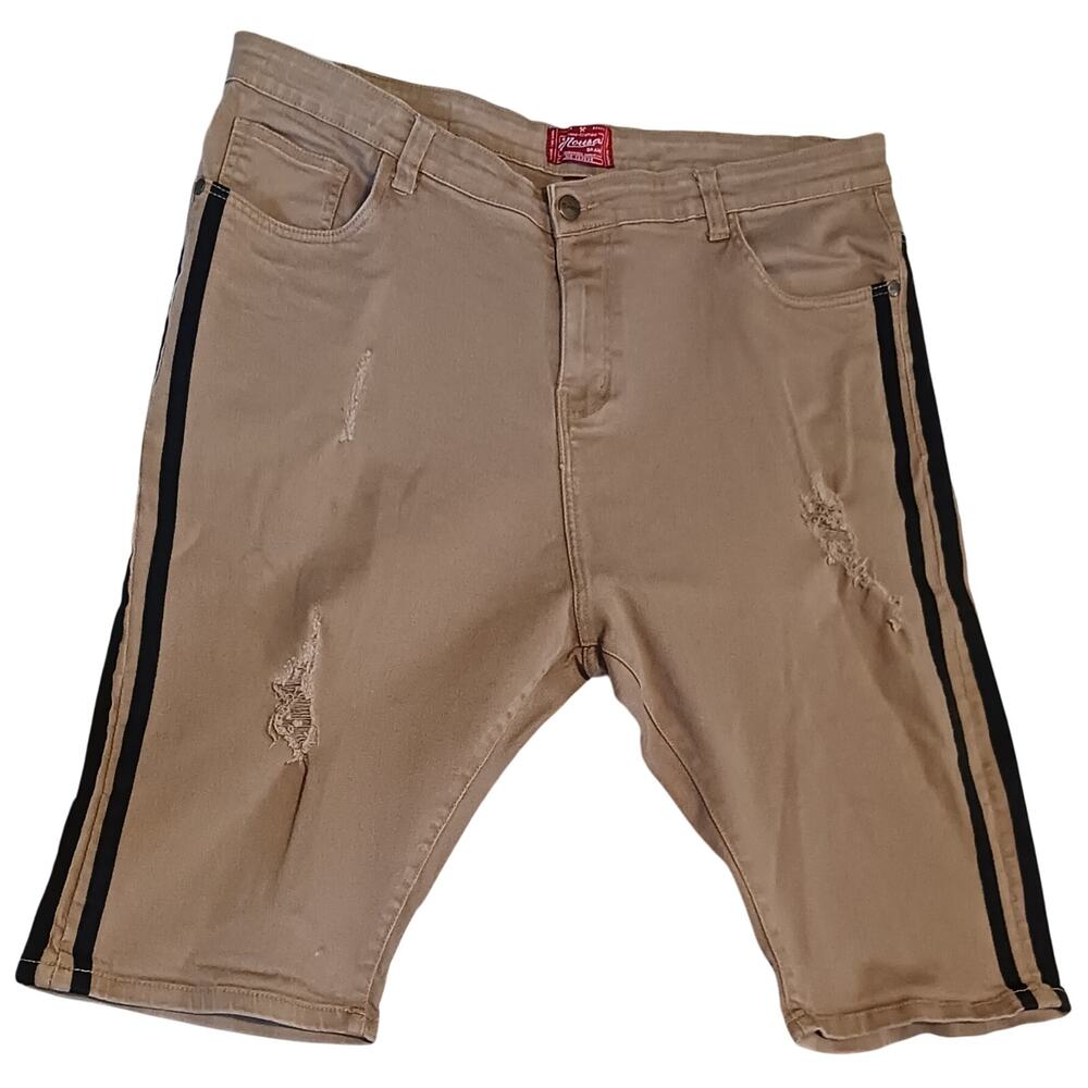 Mousai Brand Dark Khaki Denim Distressed Mens Shorts with black stripes Size 44